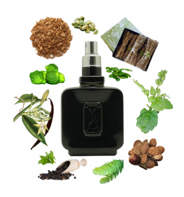 Collage of Onyx by Paul Sebastian and its notes, including vetiver, sandalwood, cypress, nutmeg, cardamom, and vanilla.