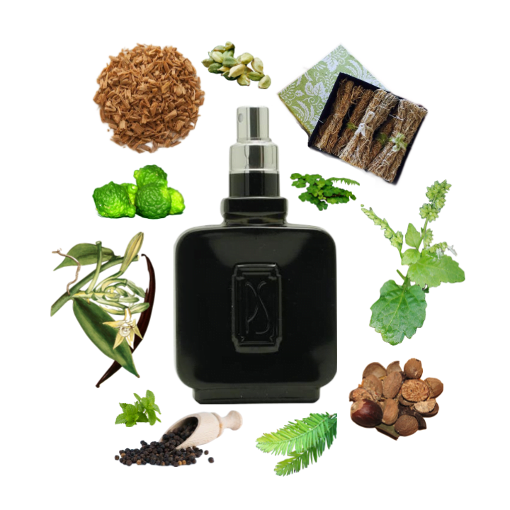 Collage of Onyx by Paul Sebastian and its notes, including vetiver, sandalwood, cypress, nutmeg, cardamom, and vanilla.
