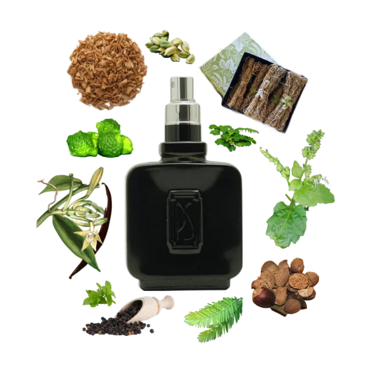 Collage of Onyx by Paul Sebastian and its notes, including vetiver, sandalwood, cypress, nutmeg, cardamom, and vanilla.
