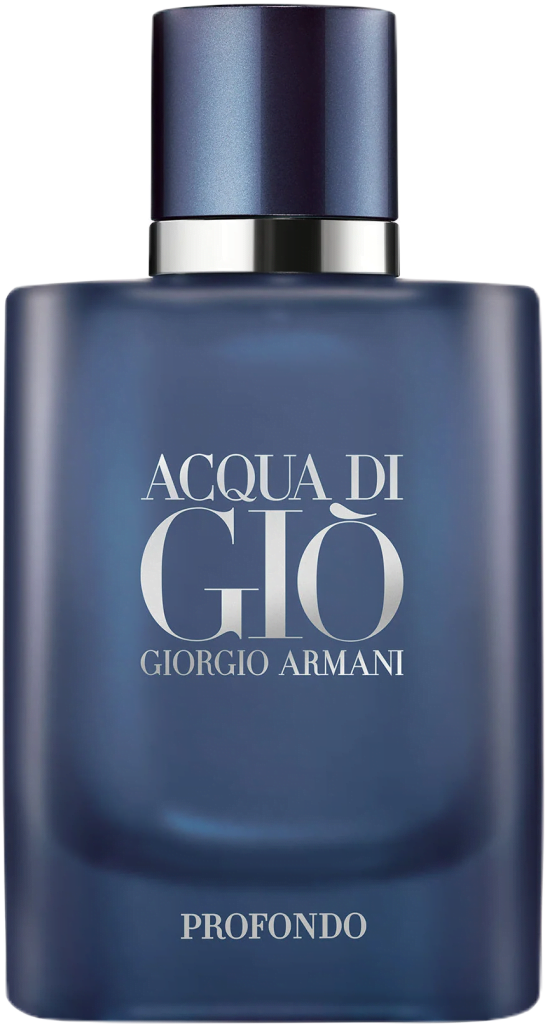 Rectangular translucent frosted blue glass bottle of Acqua di Giò Profondo Eau de Parfum by Giorgio Armani.