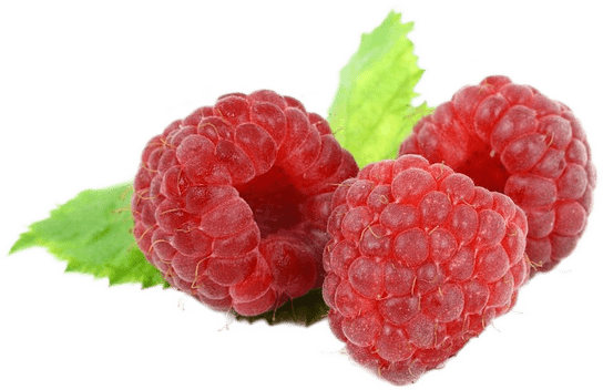Three red raspberries, with green leaves behind them.