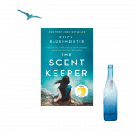 The Scent Keeper by Erica Bauermeister Book Review A collage of the cover of The Scent Keeper by Erica Bauermeister, a rolled up scent paper in a bottle, and a seagull.
