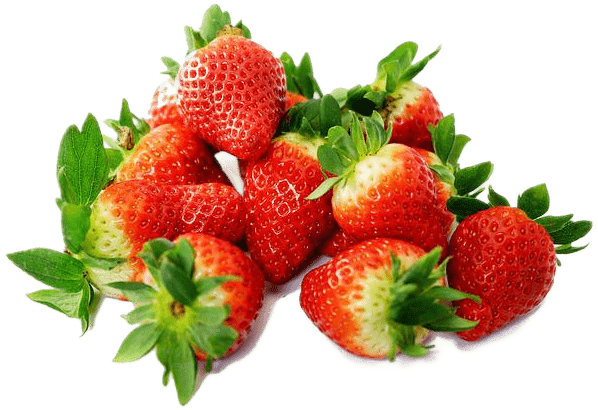 A pile of bright red strawberries with green tops.