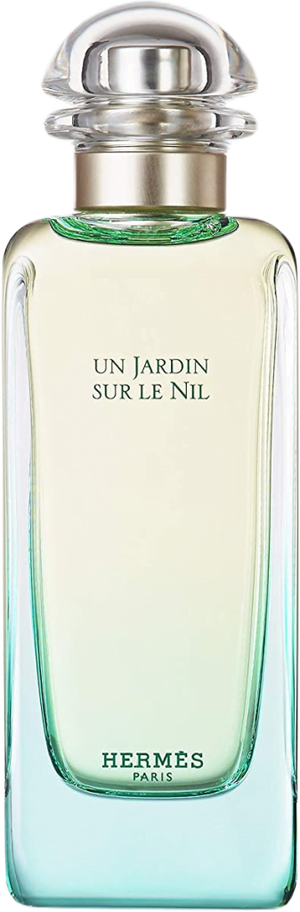 Clear blue-green, teal, and yellow bottle with a rounded silver cap of Un Jardin sur le Nil Eau de Toilette by Hermes.
