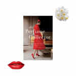 A collage of the cover of The Perfume Collector by Kathleen Tessaro, a pair of red lips, and a custer of paperwhite flowers.