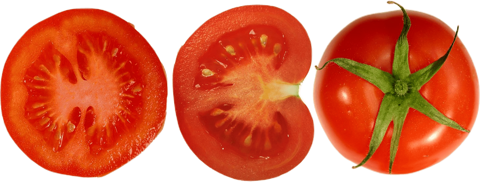 A red tomato, and two halves of other tomatoes, sliced vertically and horizontally to show its cross-sections.