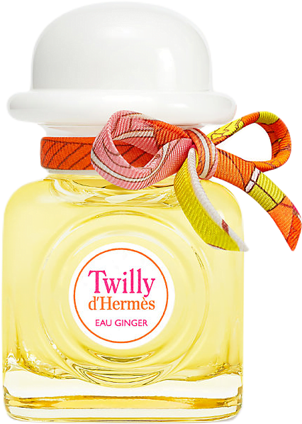 Square yellow glass bottle with ribbon and white bowler-hat-shaped cap filled with Twilly Eay Ginger Eau de Parfum by Hermes.