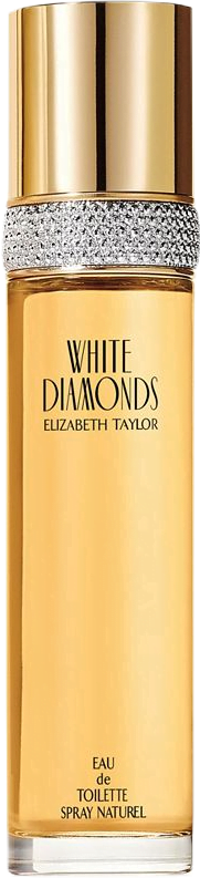 Thin bottle with yellow liquid, gold cap, and rhinestone stripe containing Elizabeth Taylor's White Diamonds Eau de Toilette.
