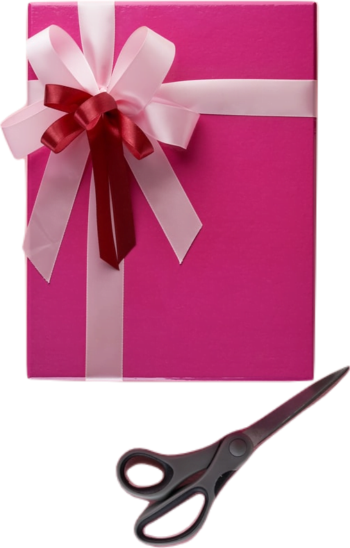 A hot pink gift box with pale blush pink and red ribbons and a pair of gift-wrapping scissors.