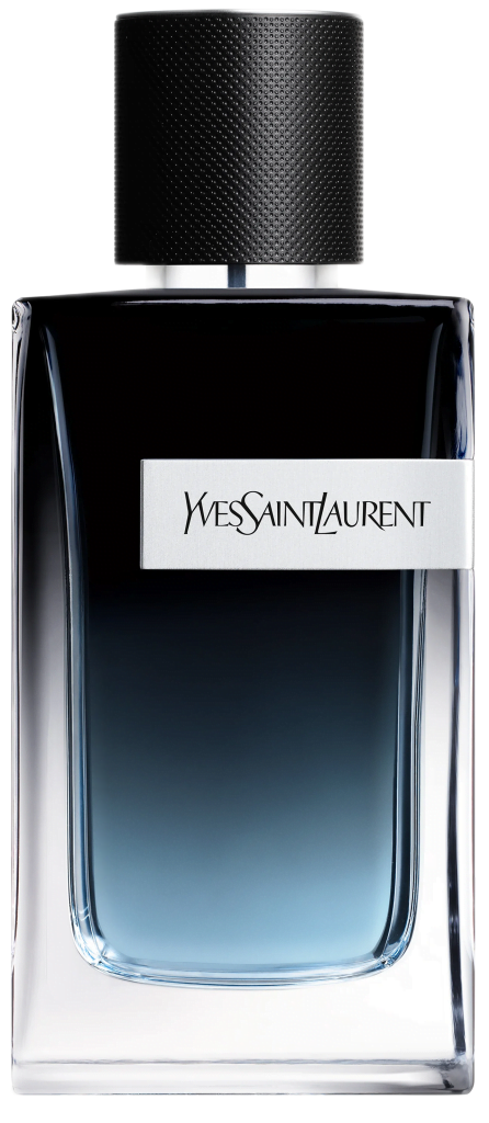 Black and blue rectangular glass bottle filled with Y Eau de Parfum by Yves Saint Laurent.