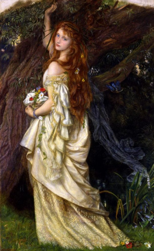Painting: Ophelia by Arthur Hughes. A woman in white with long red hair standing by a tree, gazing behind her at the viewer.