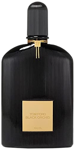 Rounded black bottle of Black Orchid Eau de Parfum by Tom Ford with a gold label and ribbon.