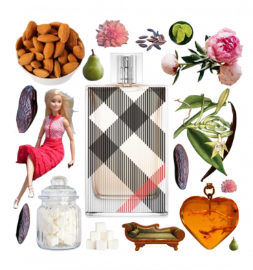 Collage of Burberry Brit and its notes, including vanilla, peony, amber, pear, almond, lime, sugar, tonka, and mahogany.