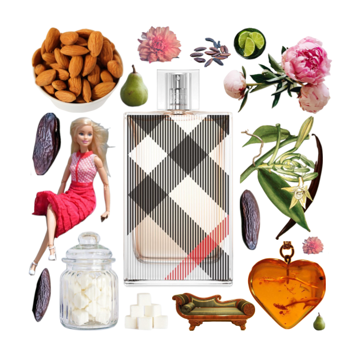 Collage of Burberry Brit and its notes, including vanilla, peony, amber, pear, almond, lime, sugar, tonka, and mahogany.