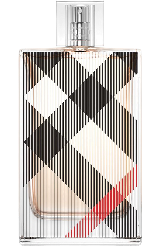 Rectangular glass bottle with plaid pattern and a red stripe filled with Burberry Brit Eau de Parfum pale pink liquid.