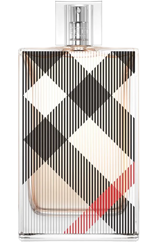 Rectangular glass bottle with plaid pattern and a red stripe filled with Burberry Brit Eau de Parfum pale pink liquid.