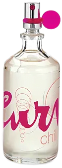 Clear cylindrical bottle with cream liquid and hot pink detailing of Liz Claiborne's Curve Chill for Women Eau de Toilette.