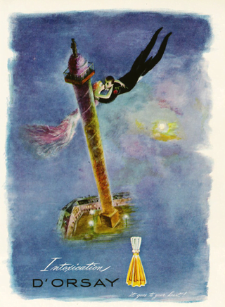 A vintage color illustration advertisement for Intoxication by d'Orsay showing a couple kissing midair by a lighthouse.