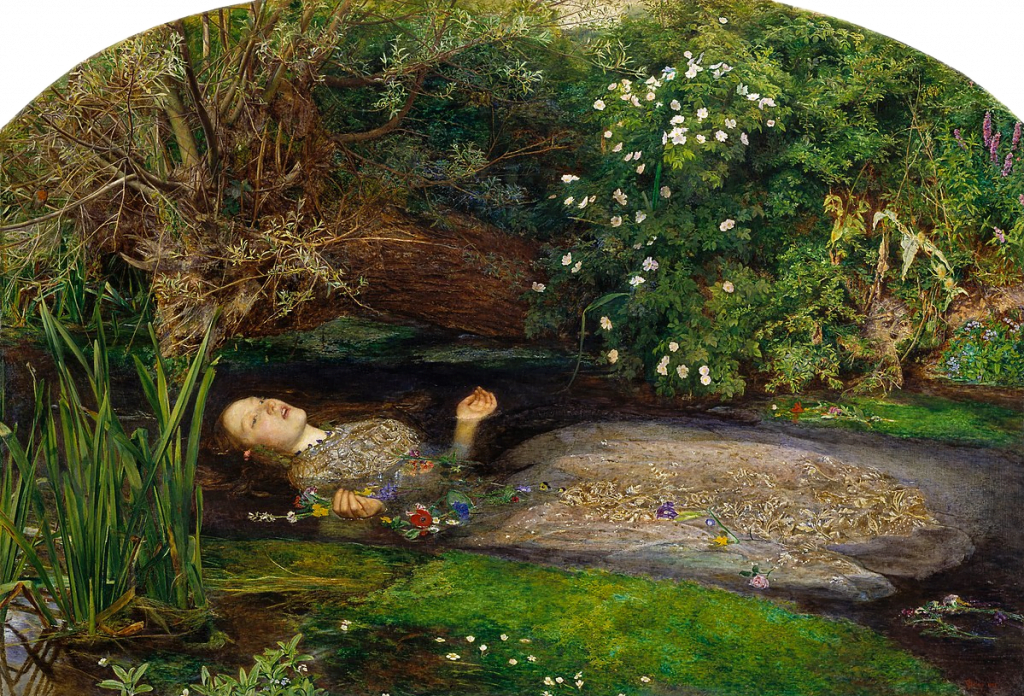 Painting: Ophelia by John Everett Millais. A woman in white floating in a river, surrounded by wildflowers.
