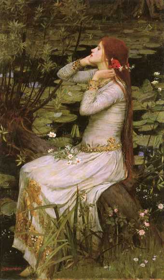 Painting: Ophelia by John William Waterhouse. A woman in white with red hair covered in flowers sits by a river.