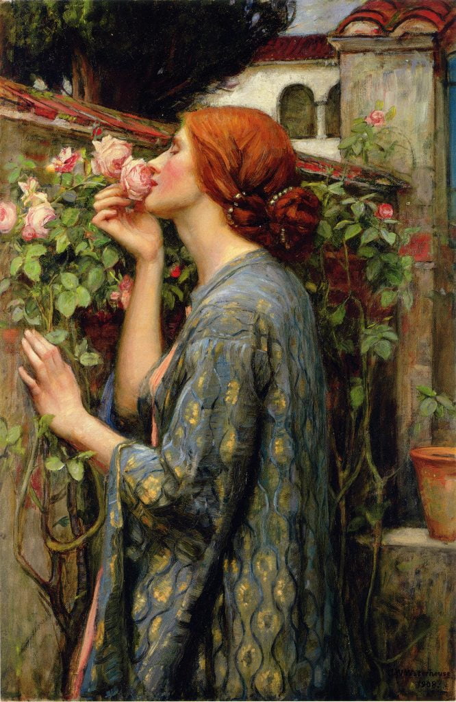 Painting: Waterhouse's Soul of the Rose, showing a red-haired woman with her nose buried in a soft pink rose, eyes closed.