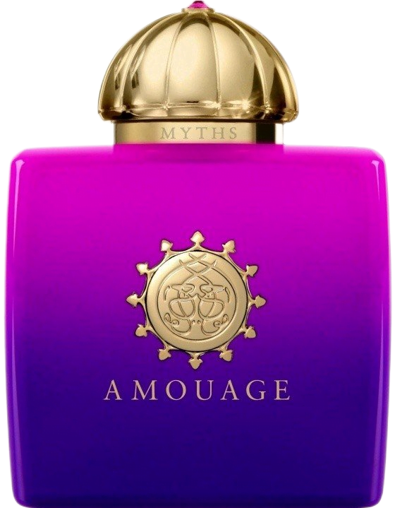 Indigo and bright magenta square bottle with gold logo seal and cap of Myths Eau de Parfum by Amouage.