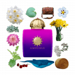 Collage of Myths Woman by Amouage and its notes, including chrysanthemum, narcissus, valerian, oakmoss, hay, and labdanum.