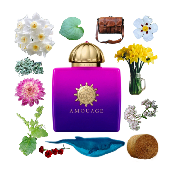 Collage of Myths Woman by Amouage and its notes, including chrysanthemum, narcissus, valerian, oakmoss, hay, and labdanum.