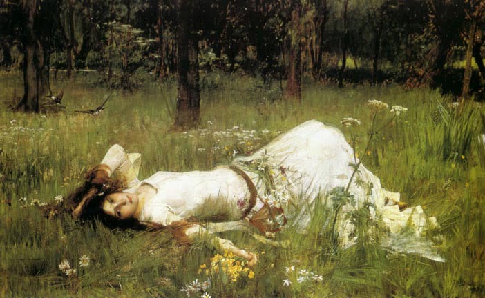Painting: Waterhouse's 1st Ophelia. A carefree young woman in white lying in a field of wildflowers, radiating innocence.