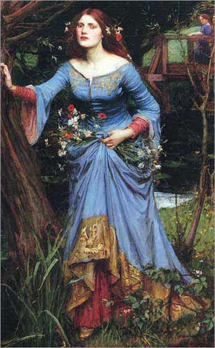 Painting: Waterhouse's 3rd Ophelia. Woman in a blue dress wandering the woods, looking haunted and carrying flowers.