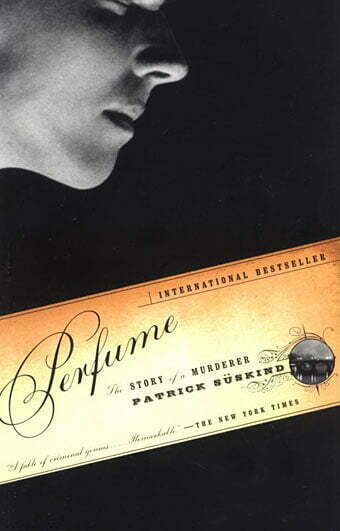 Front cover of Perfume: The Story of a Murderer By Patrick Süskind. Grayscale face sniffing and a retro loopy tan title card.