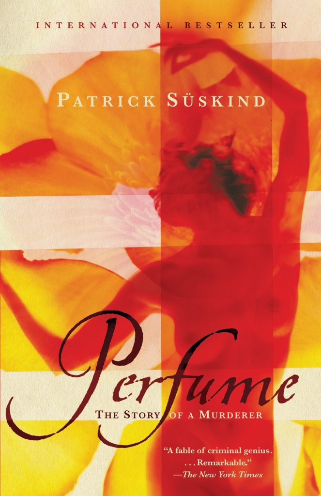 Illustrated front cover of Perfume: The Story of a Murderer By Patrick Süskind.  A monochrome red woman and an orange flower.