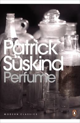 Illustrated front cover of Perfume: The Story of a Murderer By Patrick Süskind.  Grayscale photo of retro glass vials.