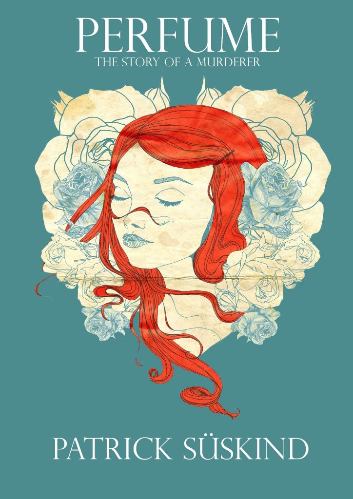 Illustrated front cover of Perfume: The Story of a Murderer By Patrick Süskind. A redhead woman drawn on a blue background.