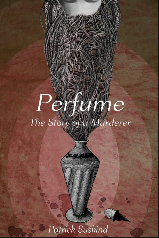 Illustrated front cover of Perfume: The Story of a Murderer By Patrick Süskind. Gray woman raising by the hair from a bottle.