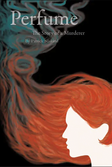 Illustrated front cover of Perfume: The Story of a Murderer By Patrick Süskind. Red-haired faceless woman swirled into smoke.