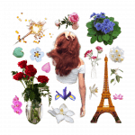 Perfume: The Story of a Murderer by Patrick Süskind Book Review Collage of a woman in a white shirt with red hair, the Eiffel tower, and fragrant flowers including roses, violets, and iris.