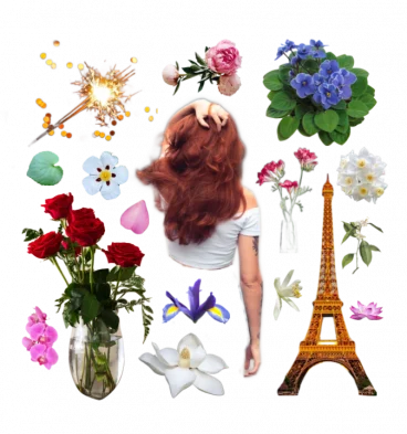 Collage of a woman in a white shirt with red hair, the Eiffel tower, and fragrant flowers including roses, violets, and iris.