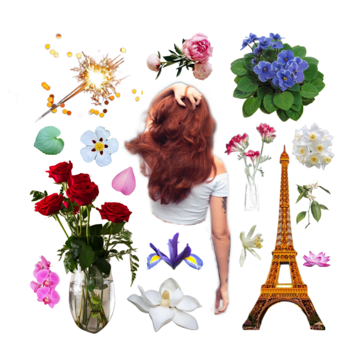 Collage of a woman in a white shirt with red hair, the Eiffel tower, and fragrant flowers including roses, violets, and iris.