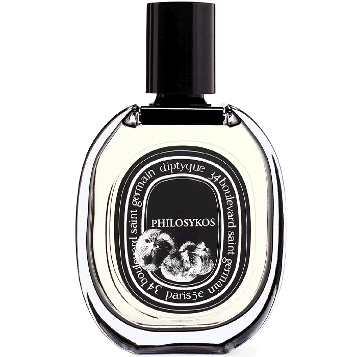 Oval glass bottle with black illustrated label and cap filled with pale Philosykos Eau de Parfum by Diptyque liquid.