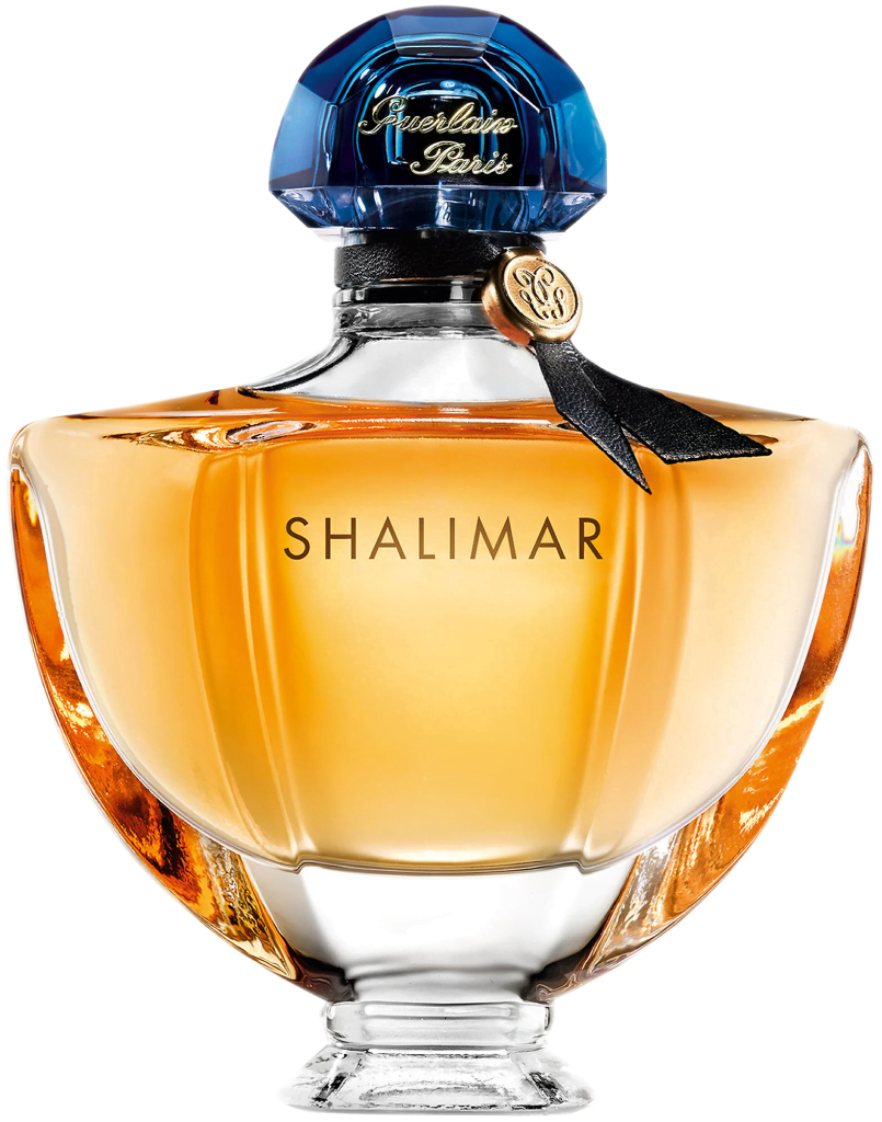 Ornately-shaped bottle of Shalimar Eau de Parfum by Guerlain, filled with amber-colored liquid, topped with a dark blue cap.