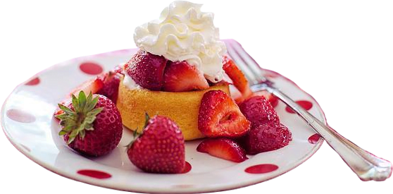 A spongy strawberry shortcake dessert with whipped cream and fresh strawberries on a red-polka-dotted plate.