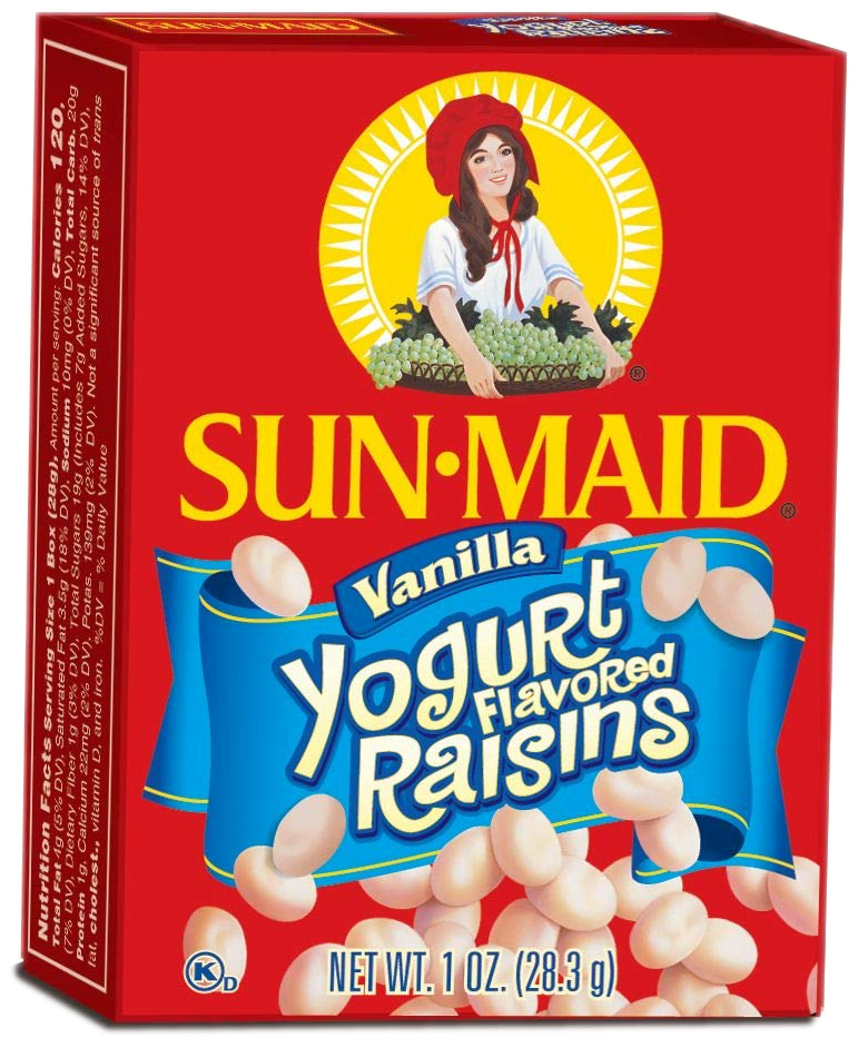 A Sun Maid branded red box of yogurt-covered raisins, illustrated with a smiling woman holding a basket of grapes.