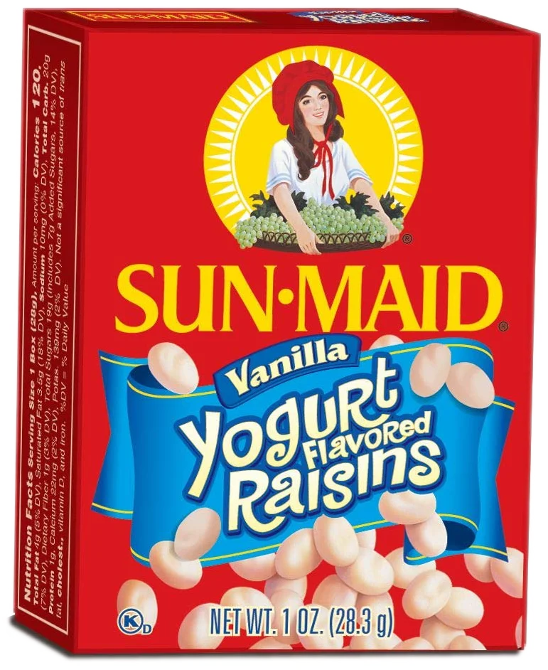 A Sun Maid branded red box of yogurt-covered raisins, illustrated with a smiling woman holding a basket of grapes.