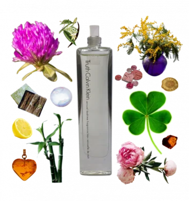 Collage of Calvin Klein's Truth Sensual Bedtime Fragrance and its notes, including clover, bamboo, peony, mimosa, and amber.
