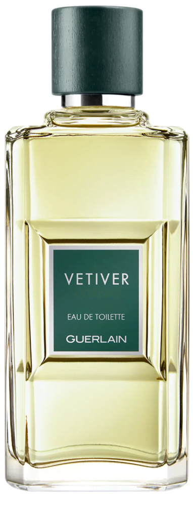 Tall clear rectangular bottle with black cap filled with pale green Vetiver Eau de Toilette by Guerlain liquid.