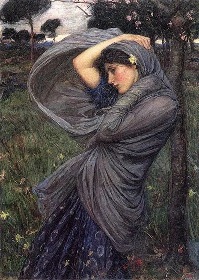Painting: Waterhouse's Boreas, showing a woman in gray buffeted by the north wind in a field of yellow daffodils.