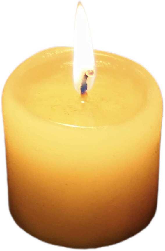 A yellow wax tea light candle with a single lit wick.