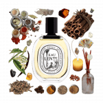 Eau Lente Eau de Toilette by Diptyque Review Collage of Diptyque's Eau Lente and its notes, including cinnamon, opoponax, cloves, myrrh, vanilla, other spices, and resin.