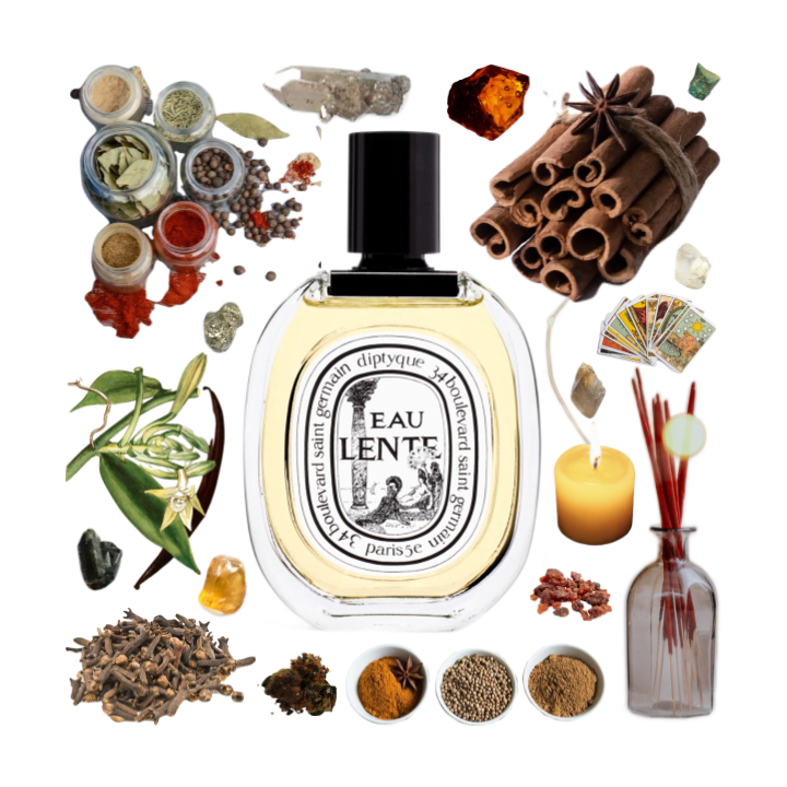 Collage of Diptyque's Eau Lente and its notes, including cinnamon, opoponax, cloves, myrrh, vanilla, other spices, and resin.
